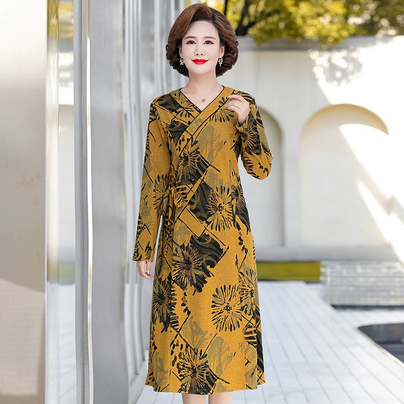 Elegant autumn and winter printed mink fleecev V Neck Long Sleeve Dress For Women Sashes Korean a-Line Vintage Party Dresses