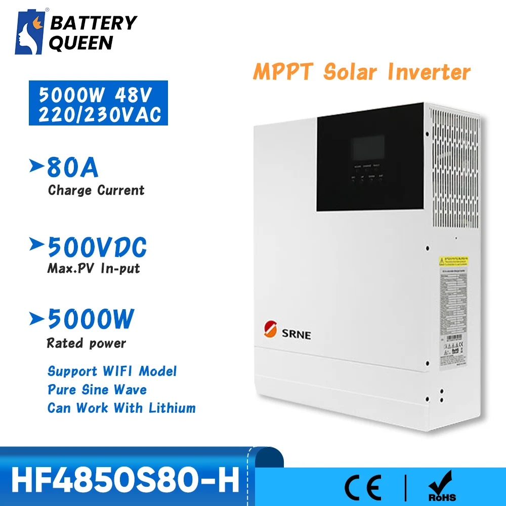

SRNE 5000W Hybrid Solar Inverter 220V 230VAC 48V Pure Sine Wave Inverter Build-in MPPT 80A Solar Controller PV-input Max 500Vdc