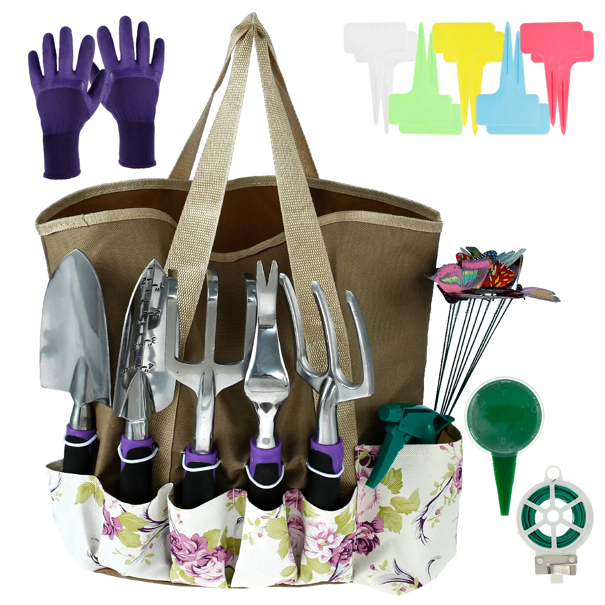 

Garden Tool Set Pruner Weeder Trowel Transplanter Hand Fork Cultivator Rope Seeder Spray Bottle Tag Stake Gloves Storage Bag
