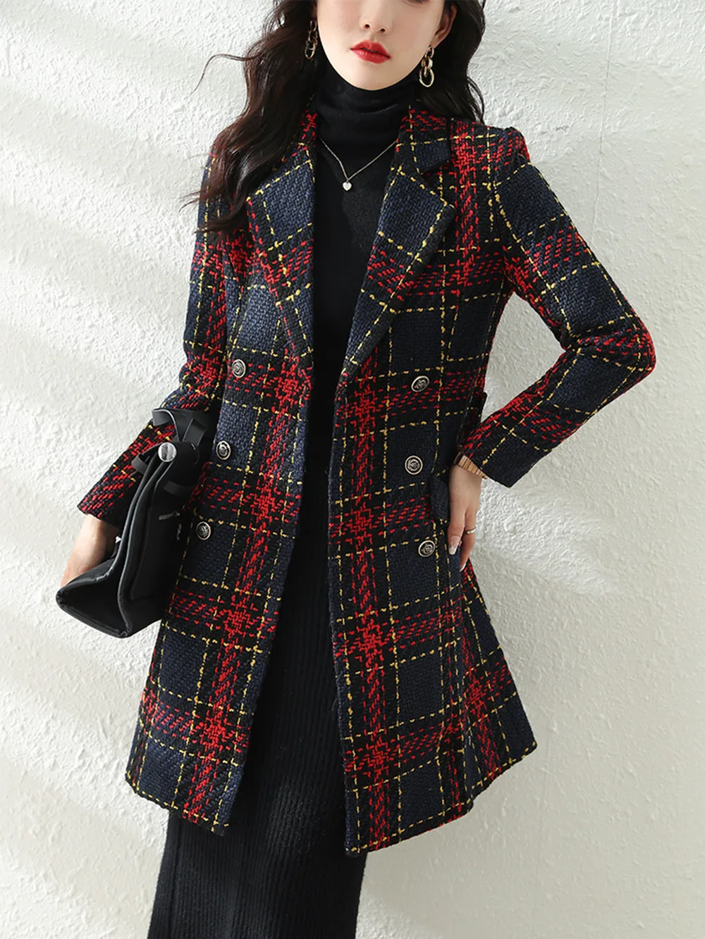Women Long Casual Plaid Blazer Triple Breasted Jacket Elegant Ladies Red Blue Long Sleeve Female Vintage Coat