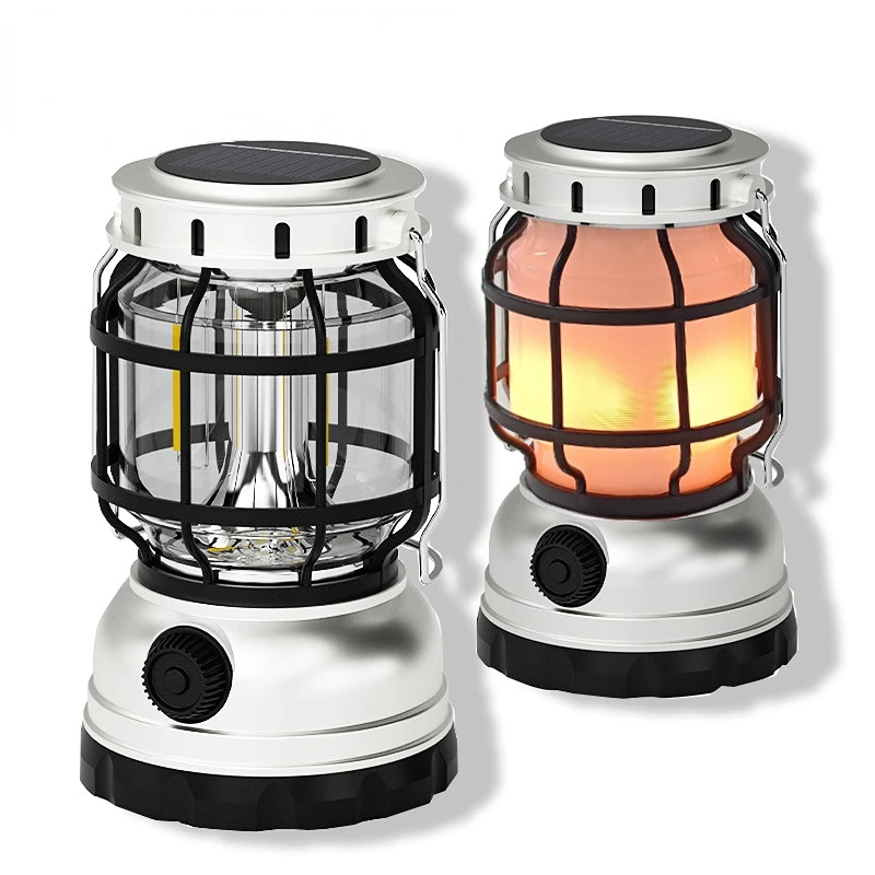 

Cross border retro portable camping lamp Solar charging multi-functional portable flame LED outdoor camp camping lamp