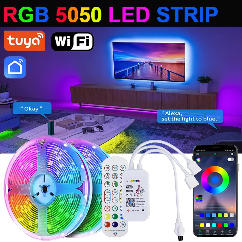 Wifi Led Strip Lights Music Sync Led Strip Alexa Rgb Light Strip 5050 Rgb Tape Lamp 220V Smart Life Room Decoration 30M