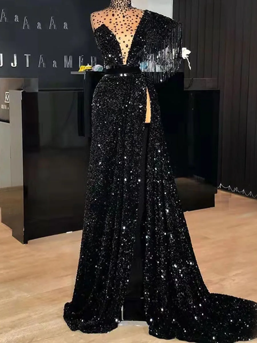 

Shinny Black Sequins Prom Dress High Neck Cocktail Dresses With Tassel Cap Sleeves High Slit vestidos de fiesta