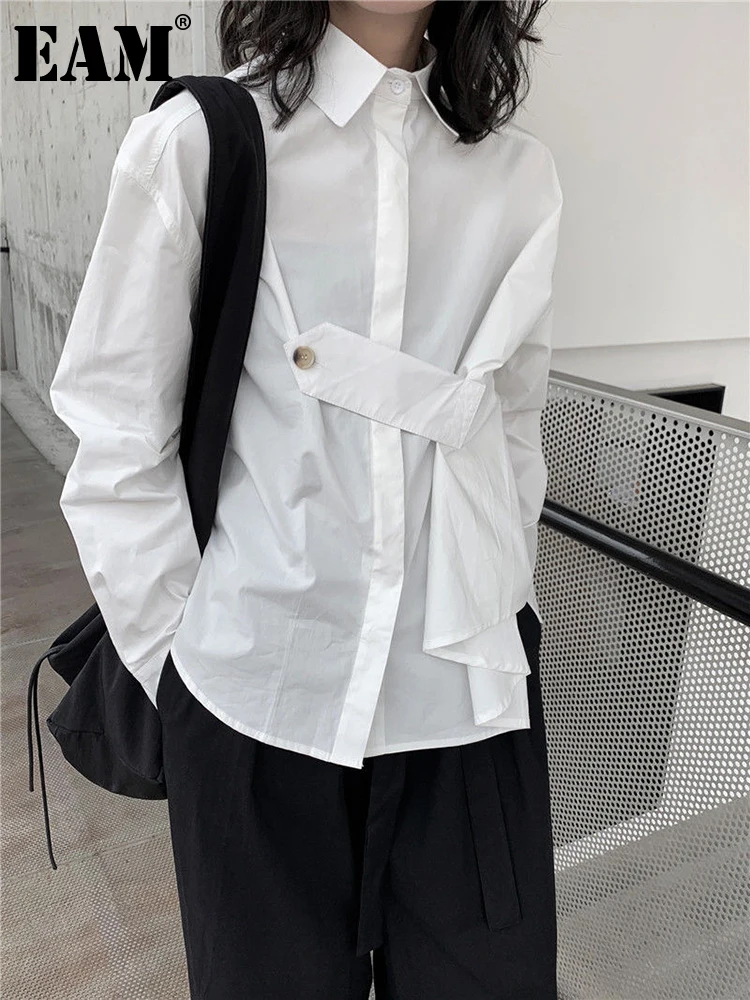 

[EAM] Women White Irregular Big Size Casual Blouse New Lapel Long Sleeve Loose Fit Shirt Fashion Tide Spring Autumn 2023 1DF1098