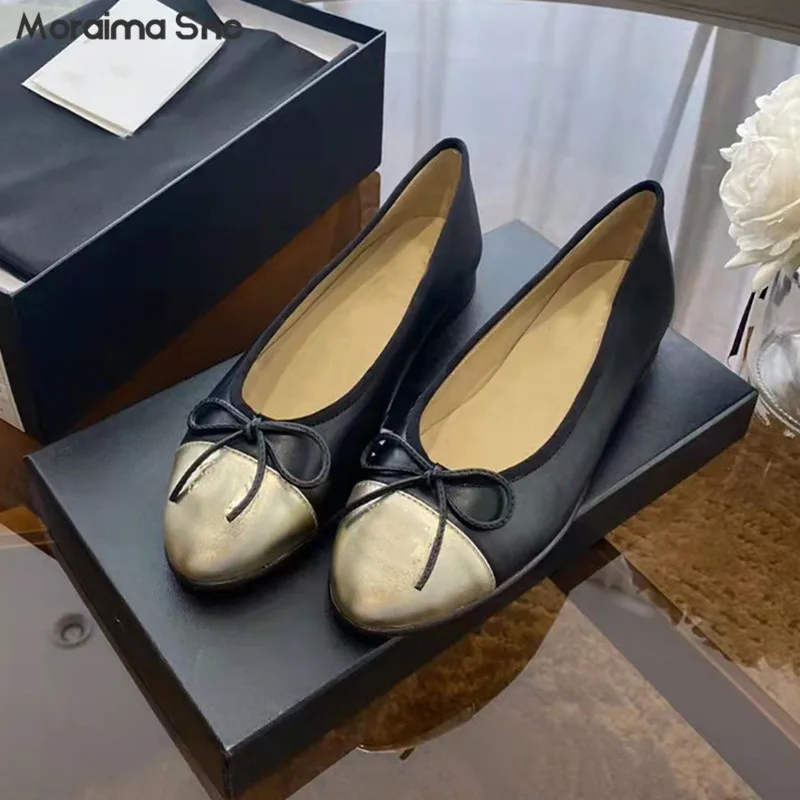 Leather Bowknot Ballet Shoes Fashion Color Matching Flat Bottom Round Toe Women's Shoes Shallow Mouth Casual Classic Shoes