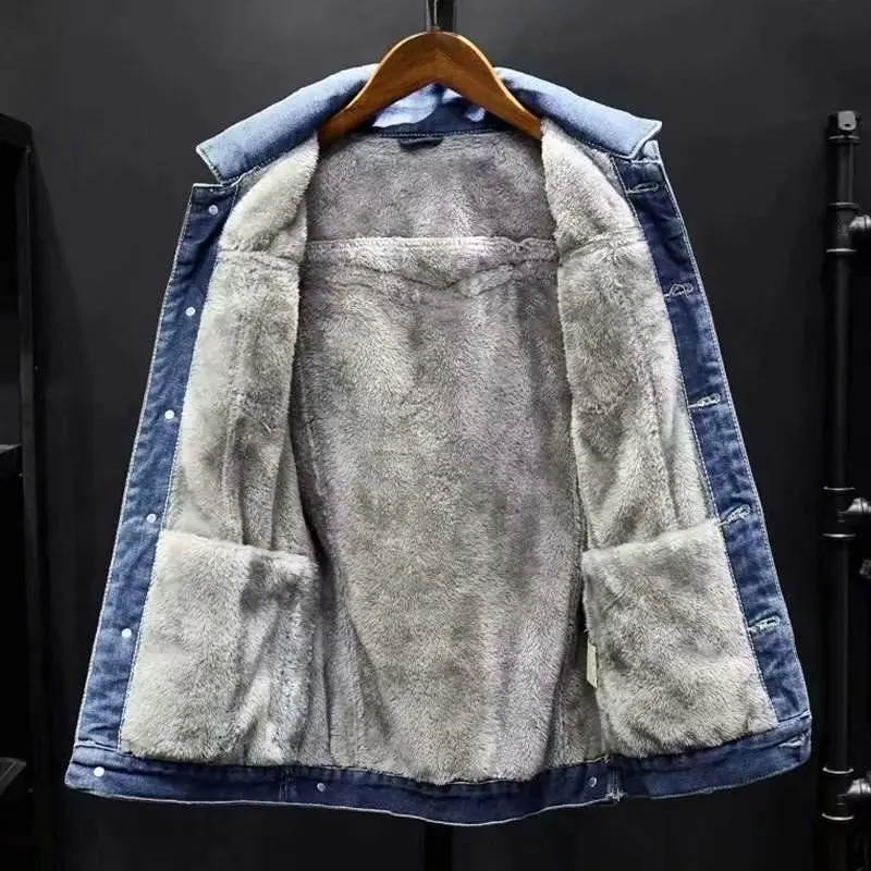 

2022 Winter Men's Fleece Thickened Denim Jacket All-match Loose Fleece Warm Work Jacket Denim Jacket