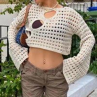 2022 summer womens top o neck long sleeve hollow out hole crop tops female fashion casual loose club streetwear ladies clothes