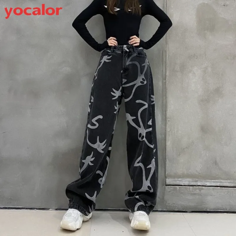 

2022 Y2K Denim Baggy Jeans Wide Leg Grunge Punk Skeleton Pants For Women Gothic Clothes Alternative Fashion Korean Streetwear