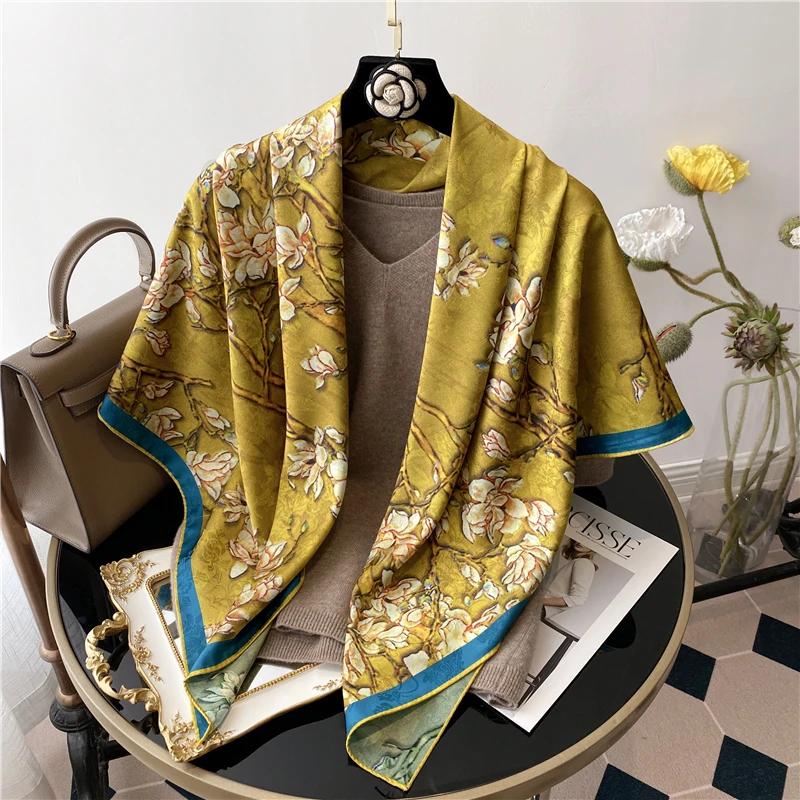 

Silk Feeling Double Side Print Neckerchief for Women Scarf Luxury 110cm Shawl Wrpas Head Hijab Bandana Floral Beach Stoles 2022