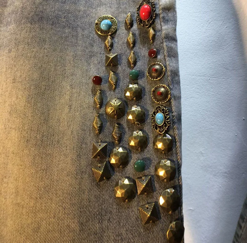 Europe 2023 New Summer Beading Tassel High Waist Denim Pants Vintage Stretch Jeans All-match Straight Knee-length Pants