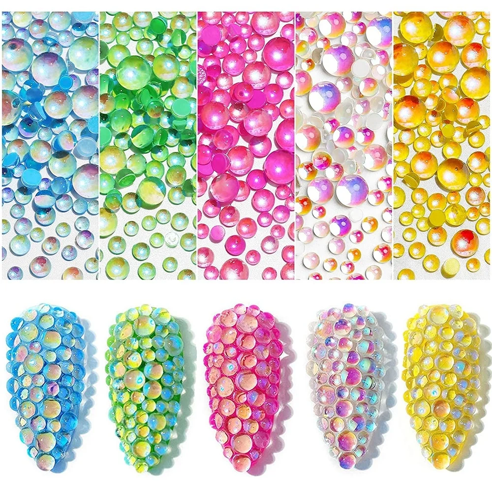 

300Pcs Crystal Glass Mermaid Rhinestones Candy Color Round Nail Beads 3D Nail Art Rhinestones DIY Flat Back Acrylic Ornaments