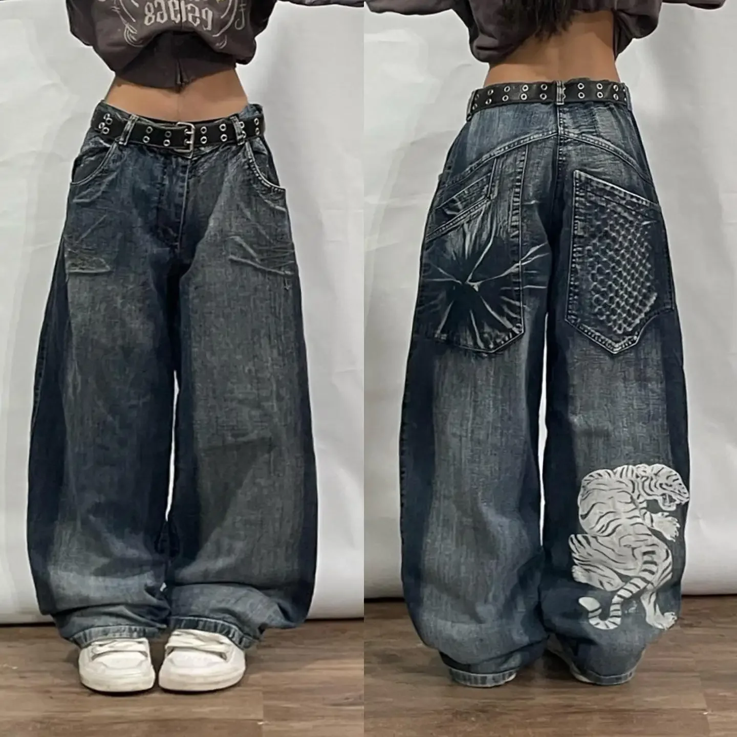 

Retro Y2k Hip Hop Fashion Street Loose Goth Big Pockets Jeans Men's High Waist Casual Straight Wide Leg Baggy Pants Women