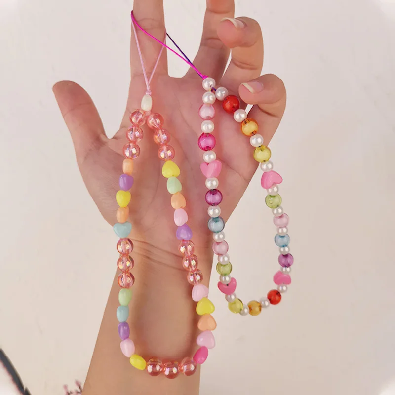 

Face Disk Beads Pearl Rope Cellphone Chains Strap Handmade Beaded Short Love Heart Multicolor Mobile Phone Strap Lanyard Smile