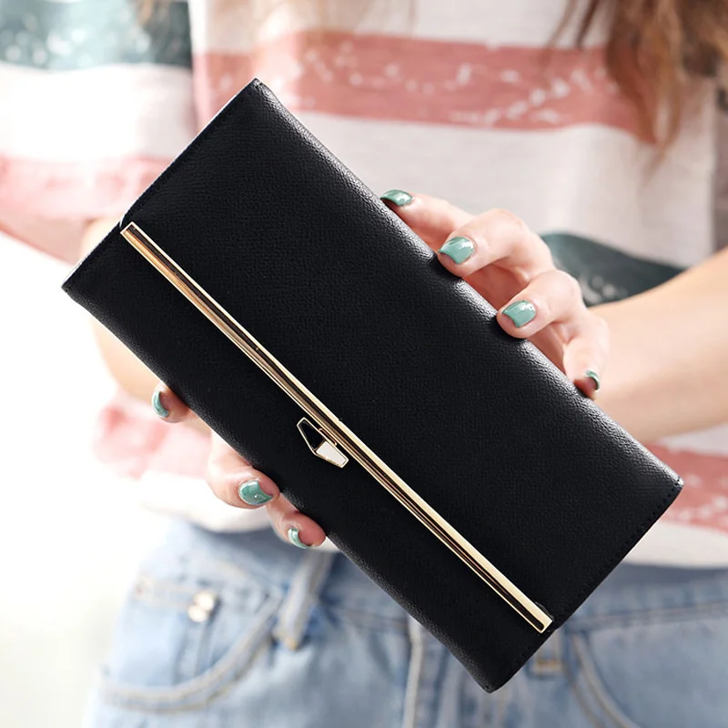 

Geometric Metal Long Women Wallets Clutch PU Leather Hasp Solid Lady Purse Card Holder Simple Top Grade Clutch