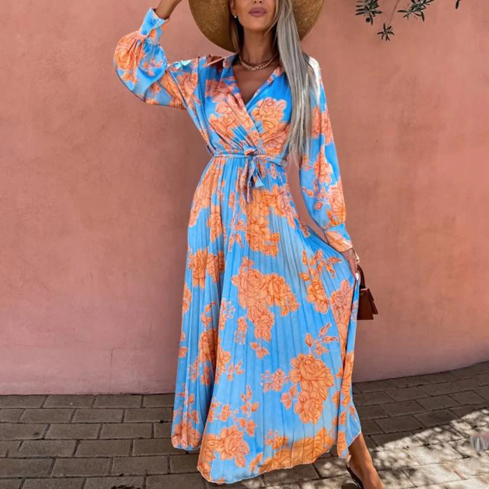 

Womens Long Sleeve Print Dress Tie Waist Boho Flowy Long Dress Womens Dresses Size 6x
