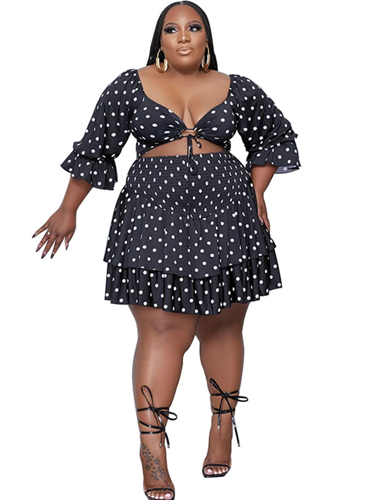 

5XL Plus Size Skirts Sets Women Puff Sleeve Crop Tops High Waist Skirt Suit Summer New Dot Print Patchwork Sexy Oversize Outfits
