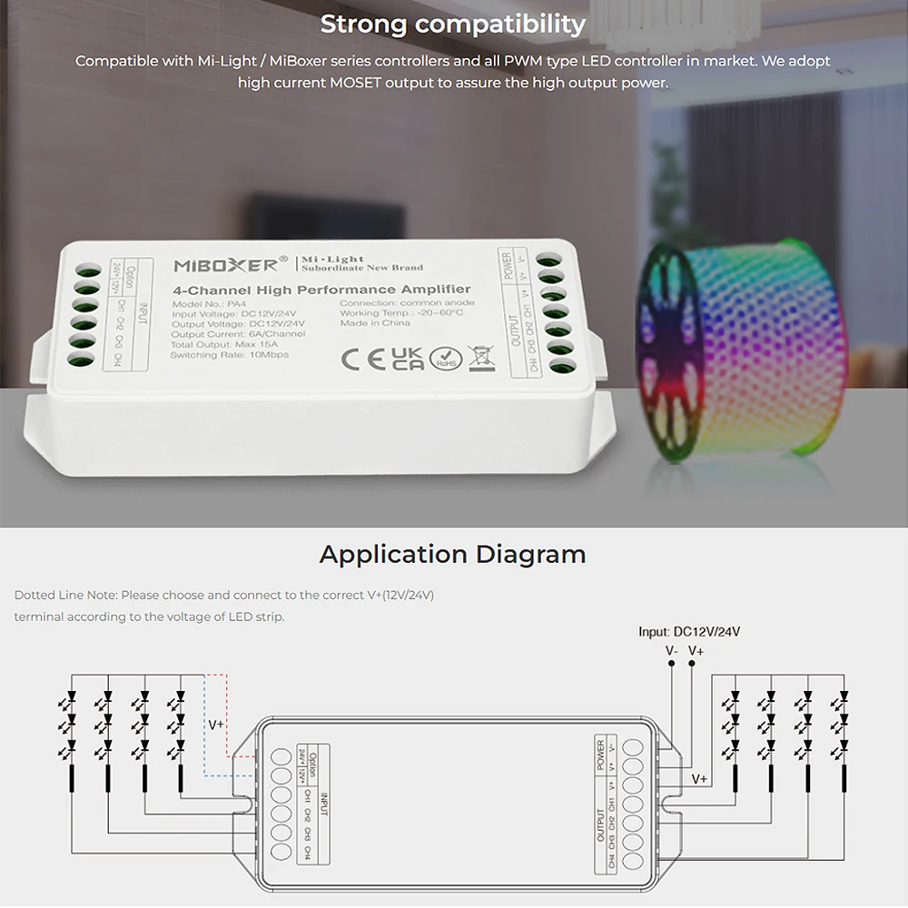 Контроллер Светодиодных Лент Miboxer PA4 RGBW 4-канальный 15 А ШИМ-диммер Постоянного
