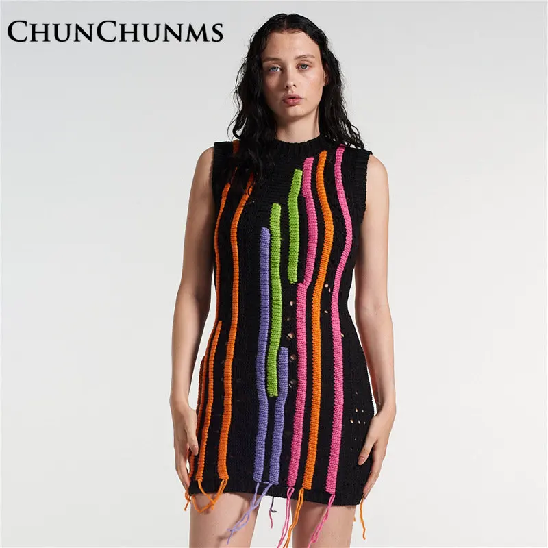 

Fashion Contrast Color Tassel Sweater Mini One Piece Dress For Women Personality Slim Sleeveless Patchwork Knitting Outfit 2022