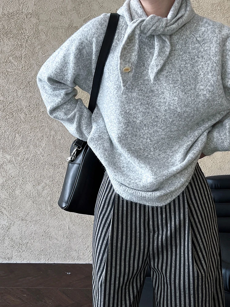 Серый элегантный вязаный свитер большого размера водолазка с длинным рукавом