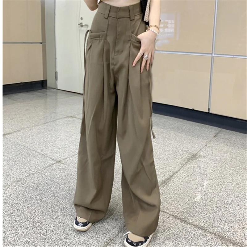 

Wide Pants Elastic Strap Style Patchwork Cargo Pants Loose Niche Design High Waist Pants Summer American Pocket Pants Leg Pants