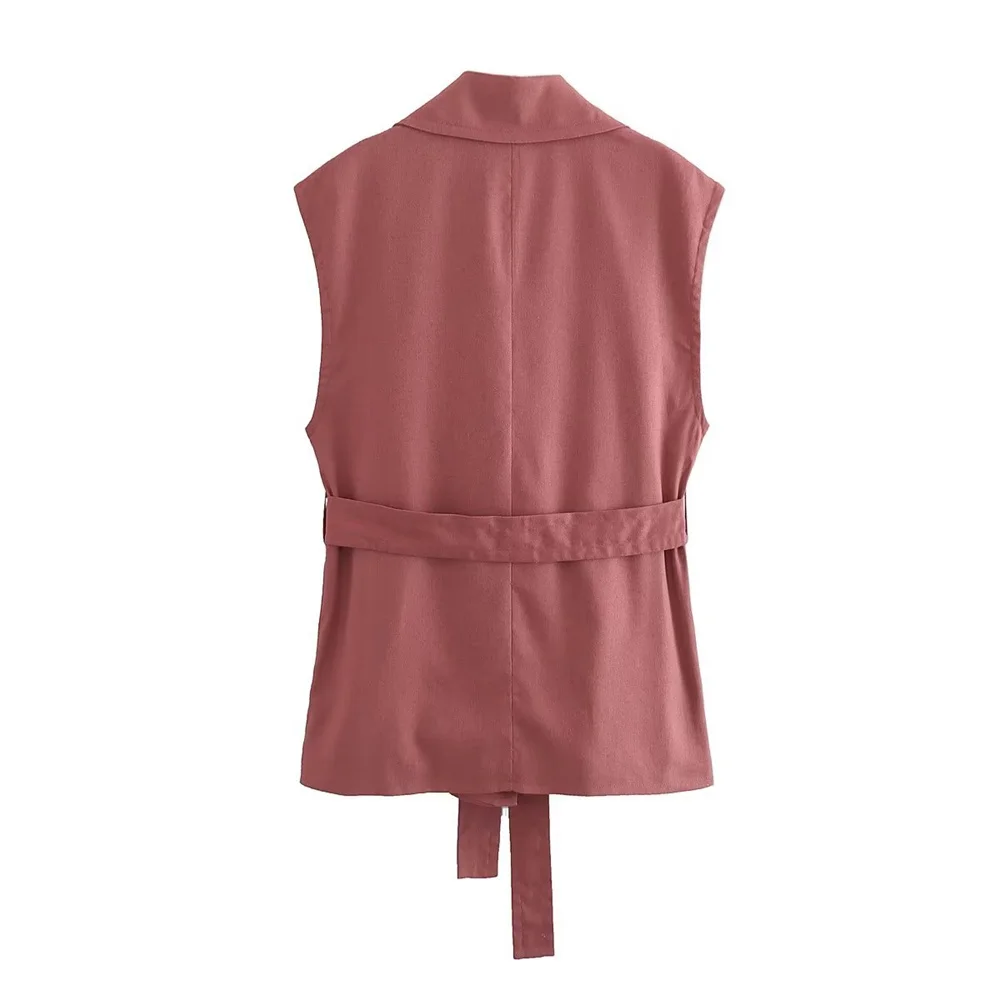 Women with Belt Sleeveless Blazer Vest and Side Pockets Shorts Elegant Office Lady Loose Lapel Collar Vest Tops Shorts Suit