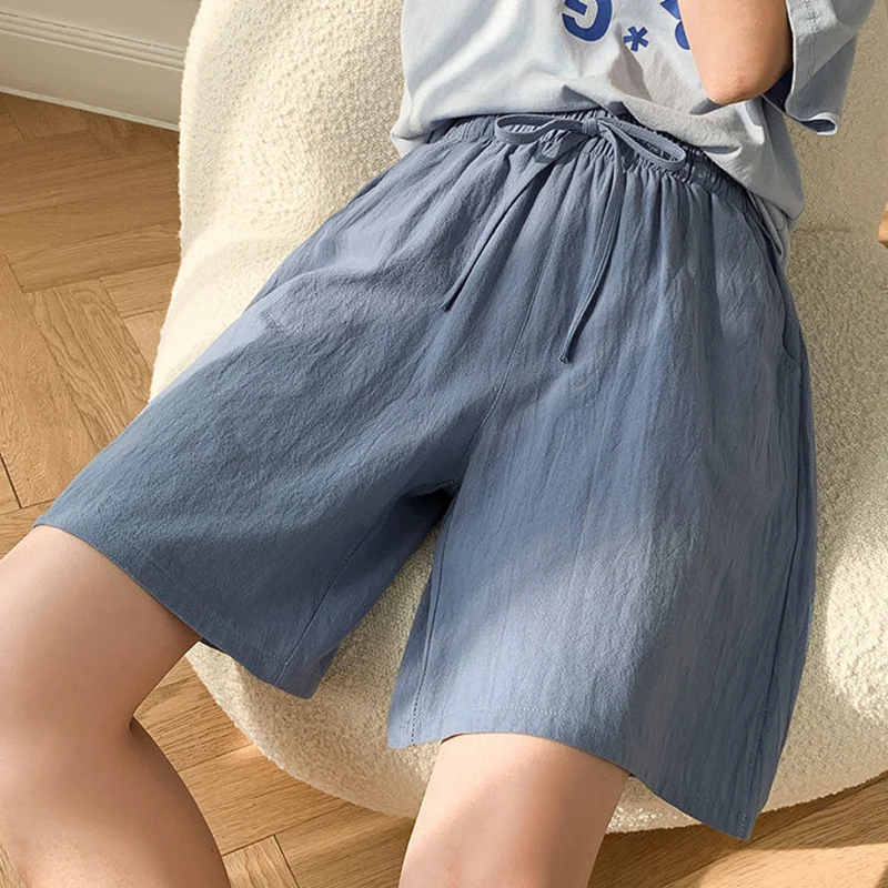 Lucyever Summer Cotton Linen Women's Shorts Drawstring Elastic Waist Pocket Half Pants Female Solid Loose Casual Wide Leg Shorts