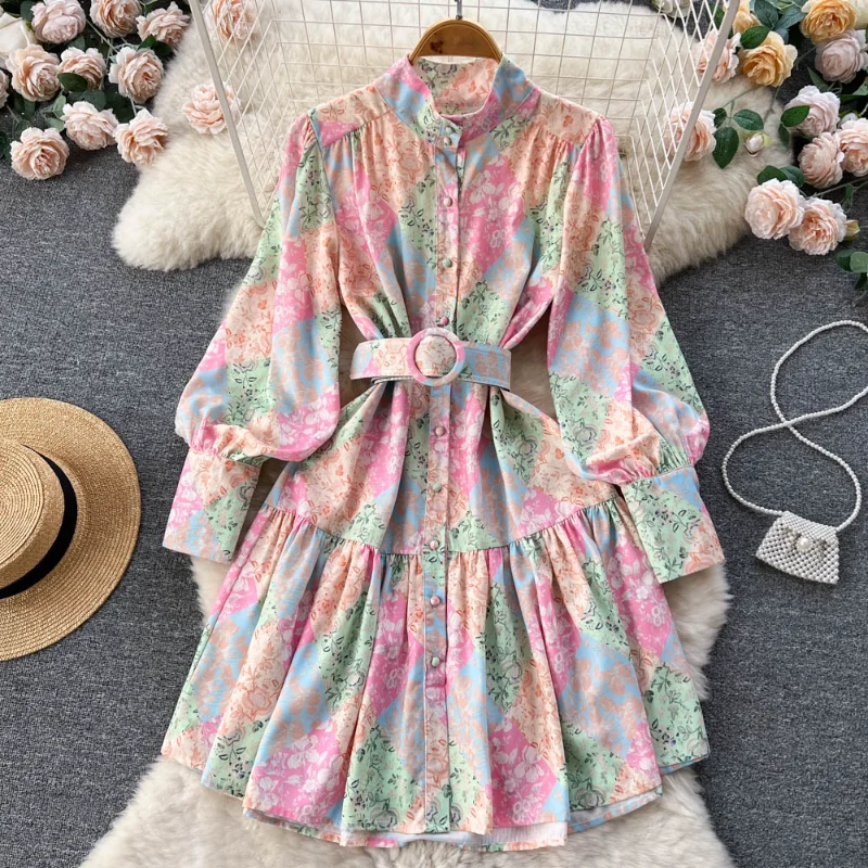 Hikigawa Sping New Vintage Pullover Printed Dresses Elegant Temperament Fashion Pleated Puff Sleeve O Neck  Vestidos Mujer
