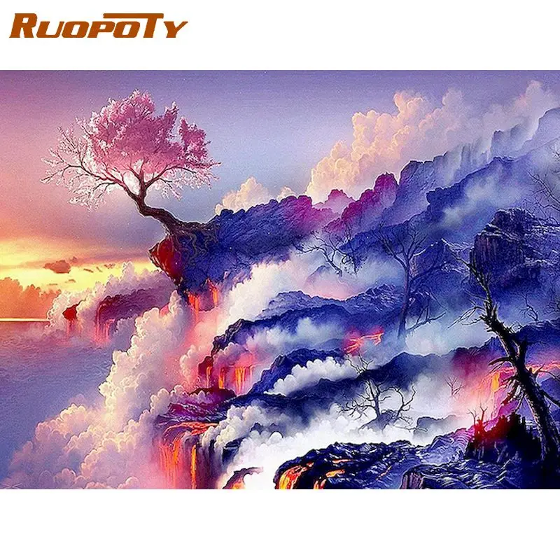 

RUOPOTY полностью квадратная круглая алмазная живопись дерево Пейзаж Новое поступление Алмазная вышивка Гора 5D DIY мозаика океан Настенный дек...