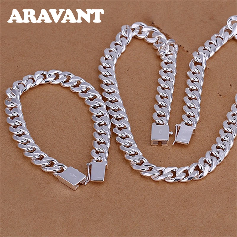 

925 Silver 10MM Necklace Bracelets Chain Set For Men Women Fashion Jewelry