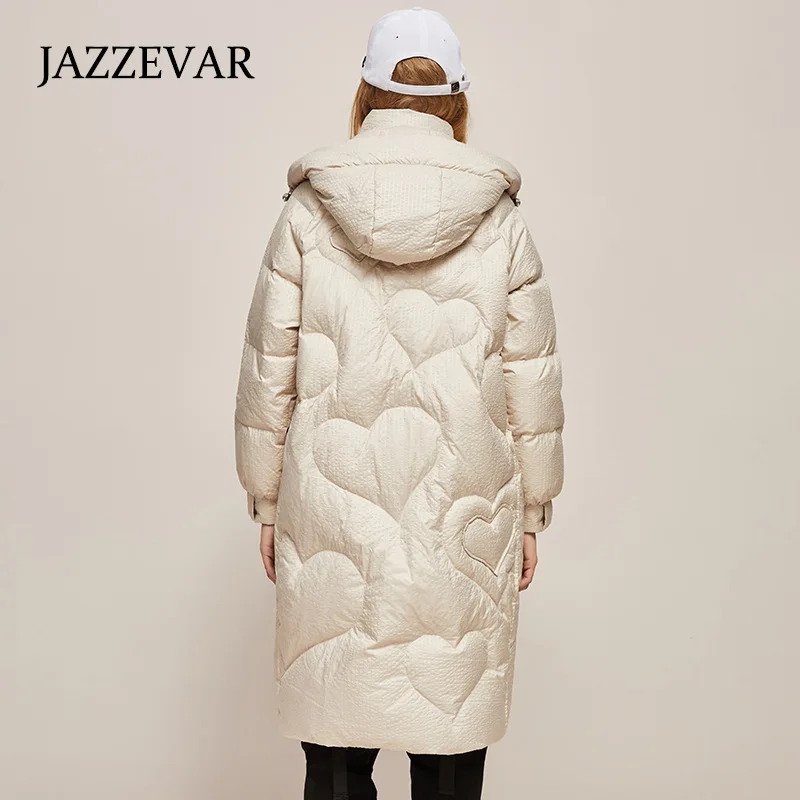 JAZZEVAR Winter 2022 New Wind-proof Hooded Down Jacket  White Duck-down Texture Loose Warm Korean Version Coat
