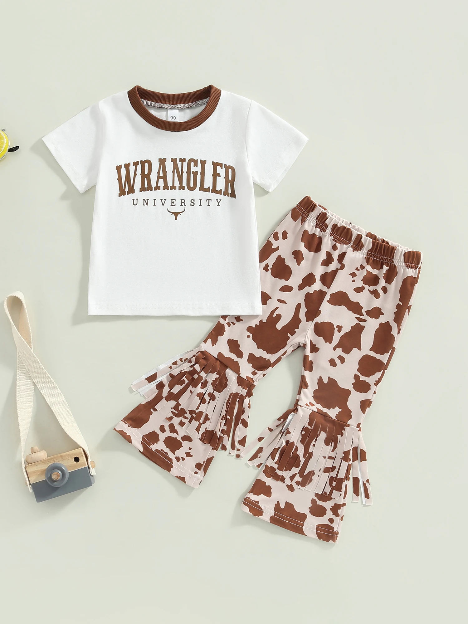 

ZZLBUF Kids Girl Summer Outfits Letter Print Crew Neck Short Sleeve T-Shirts Cow Print Flare Pants 2Pcs Clothes Set (White 4-5