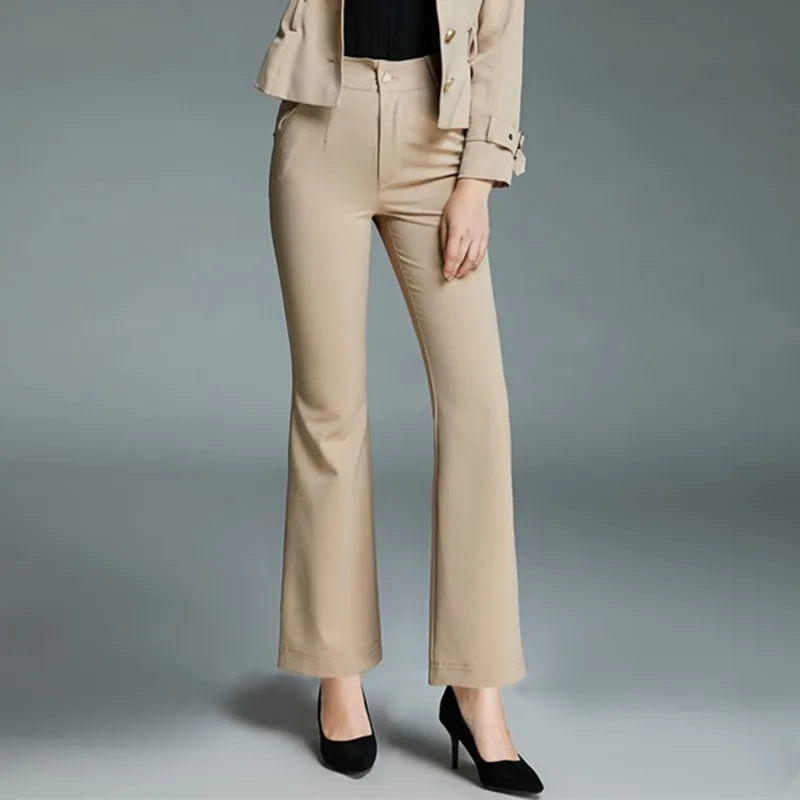 Khaki Autumn Office Lady Loose Flare Pants High Waist Full Length Spring New Fashion Temperament Trousers Women Clothes S-4XL