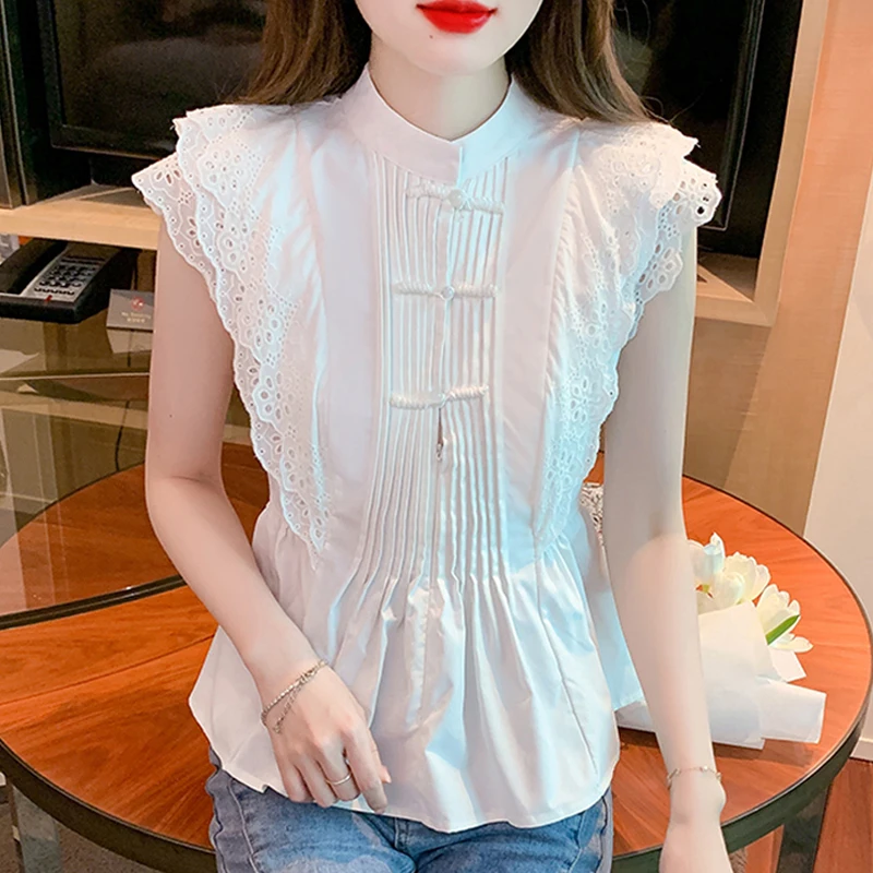 

Vintage Flying Sleeve White Lace Blouse Women Stand Collar Elegant Summer Tops Ladies Hollow Out Slim Ruffle Elegant Shirt 26293