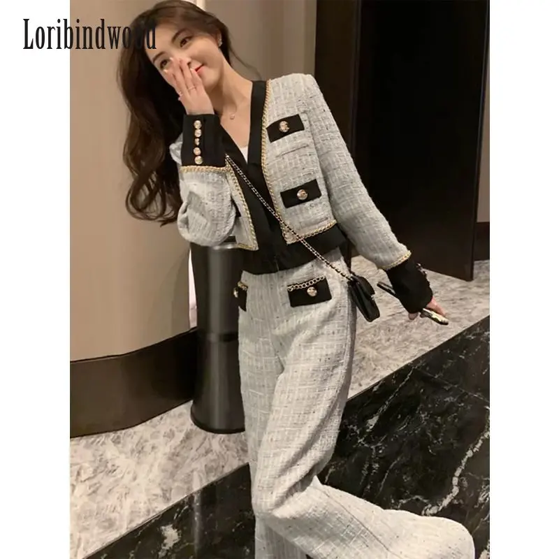 

Классический Стиль Нежный Элегантный женский костюм 2022 осенние модные стильные светские Брюки для похудения широкие брюки комплект из дву...