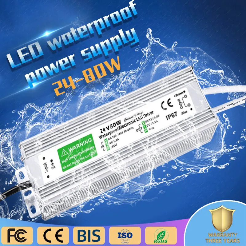 

AUNONT LED driver 10W-80W waterproof IP67 power transformer adapter AC 100V-260V to DC 12V 24V DC low voltage output