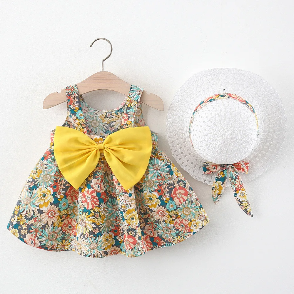 Melario Summer Toddler Girl Clothes Set Baby Beach Dresses Bow Floral Sleeveless Cotton Newborn Princess Dress + Sunhat Clothes