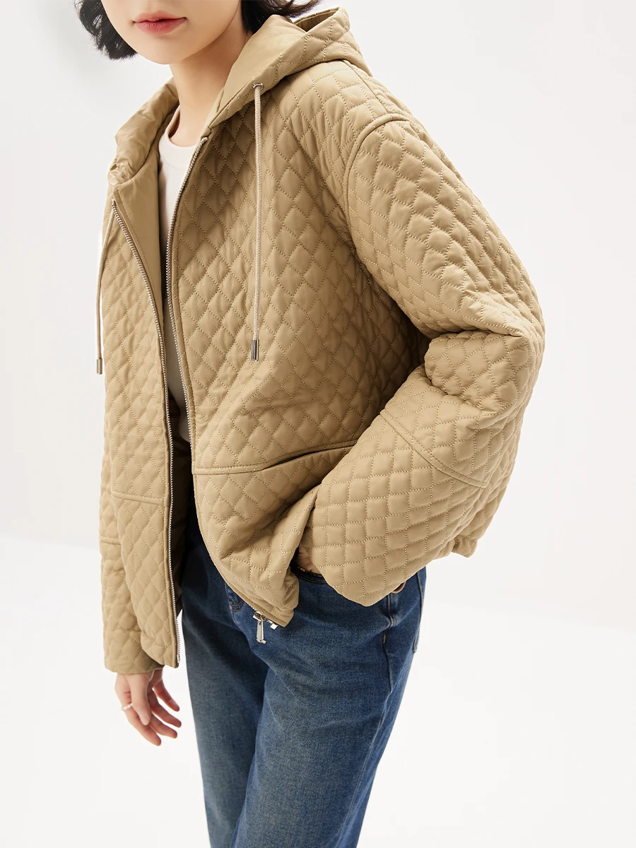 New Loose Genuine Leather Jacket Women  Sheepskin  Hooded  Casaco Feminino  Pockets  Zipper  High Street Fashion Loose Jackets