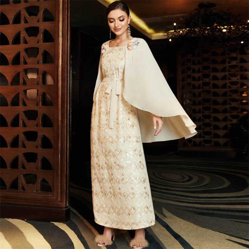 Modest Dress For Woman Rhinestone Luxury Dubai Evening Dress Fashion Sequins Floral Embroidery Guipure Shawl Turkish Dress