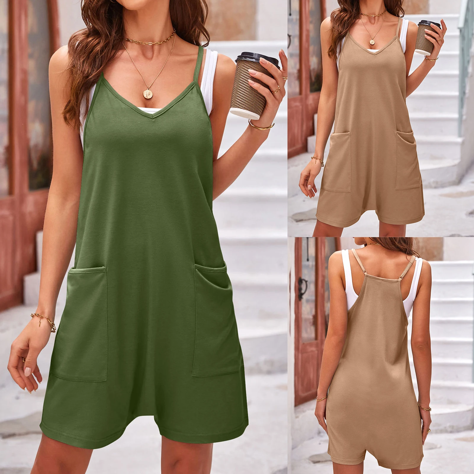 

2023 Summer Popular Solid Color Zipper Patch Pocket Sling Jumpsuit Fat Hip Pants Women Sling Short Jumpsuits Streetwear Suit