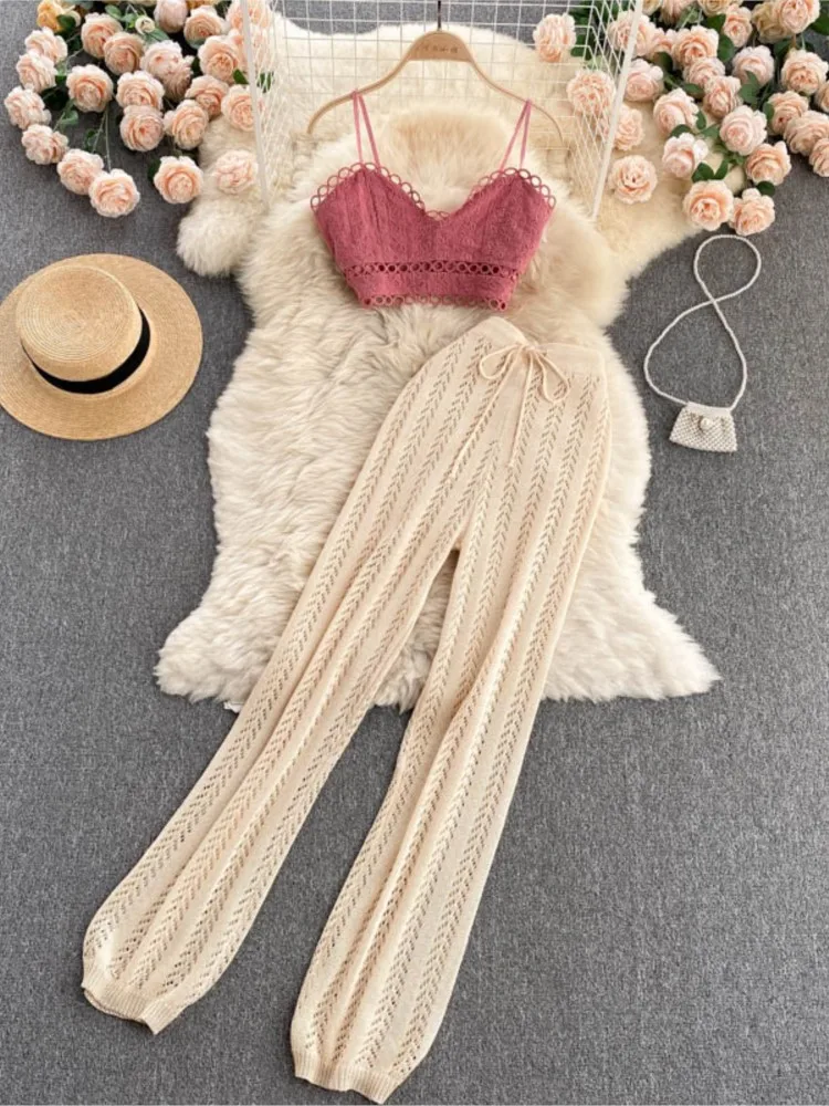 

Женский трикотажный брючный костюм, элегантный пляжный костюм трапециевидной формы с поясом на резинке, комплект из двух предметов в Корейском стиле, лето 2022