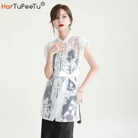 long dress up shirts women with belt 2022 summer blouses white black chinese style qipao sleeveless print perspective top