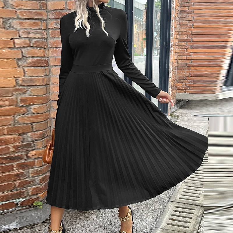 

Autumn Harajuku O-Neck Pleated Long Dress Vintage Solid Long Sleeve A-Line Dresses Fashion Women Simple Maxi Party Dress Vestido