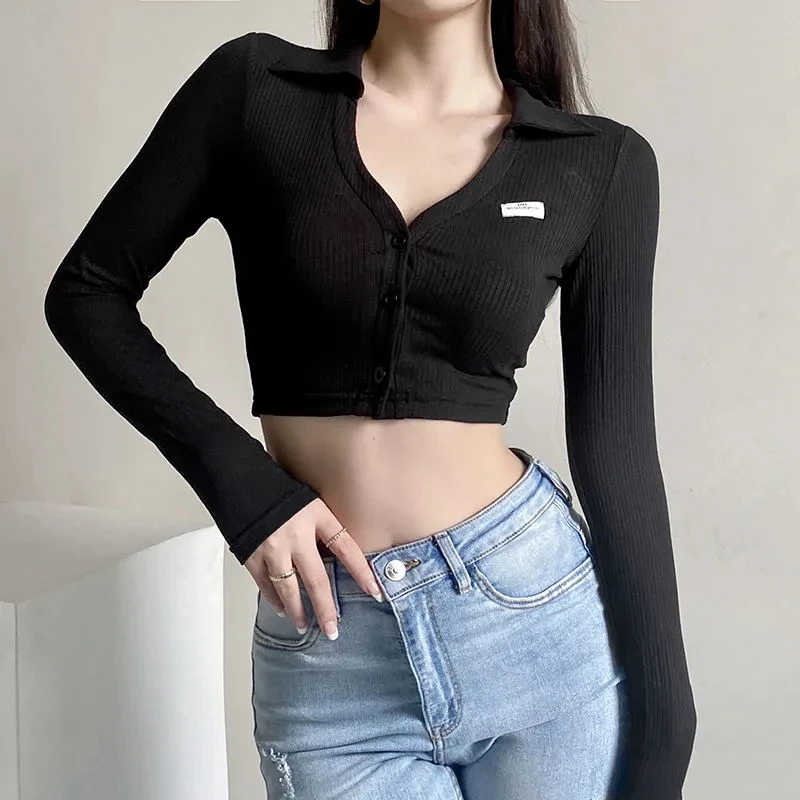 Женская футболка Sexy Slim Fit Crop Button Top Black Autumn Lady с длинным рукавом и v-образным вырезом