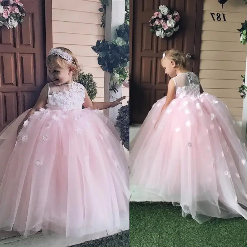 

Sweetly Blush Flower Girl Dresses for Weddings Ball Gown 3D Floral Appliques Pageant Dress for Teens Princess Dress