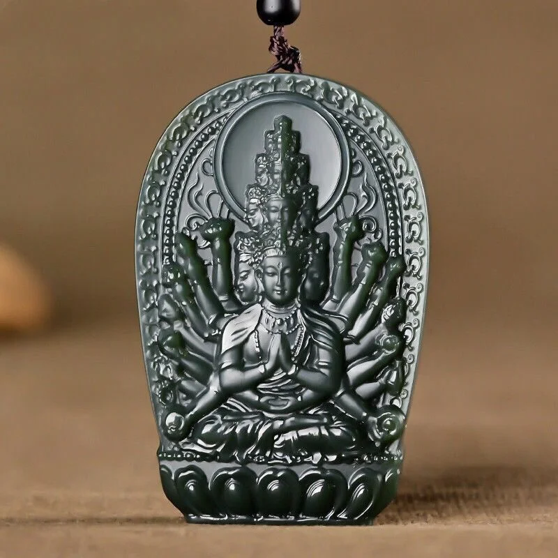 

Hot Selling Hand-carve Cyan Jade Thousand-handed Avalokitesvara Necklace Pendant Fashion Jewelry Accessories MenWomen Luck Gifts