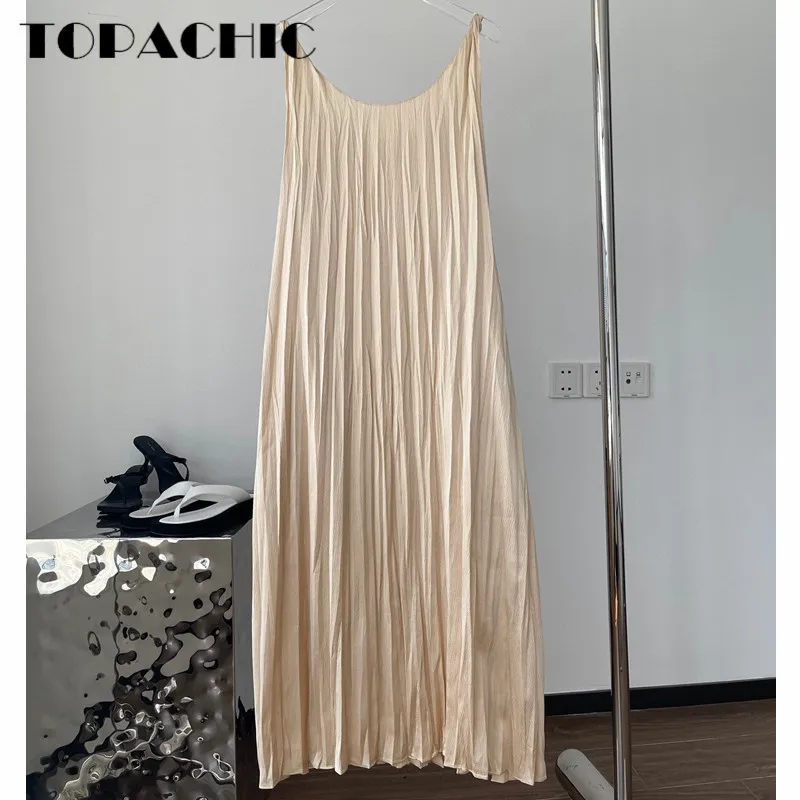 6.12 High Quality Fashion O-Neck Sleeveless Pleated Backless Loose Midi Spaghetti Strap Dress Women