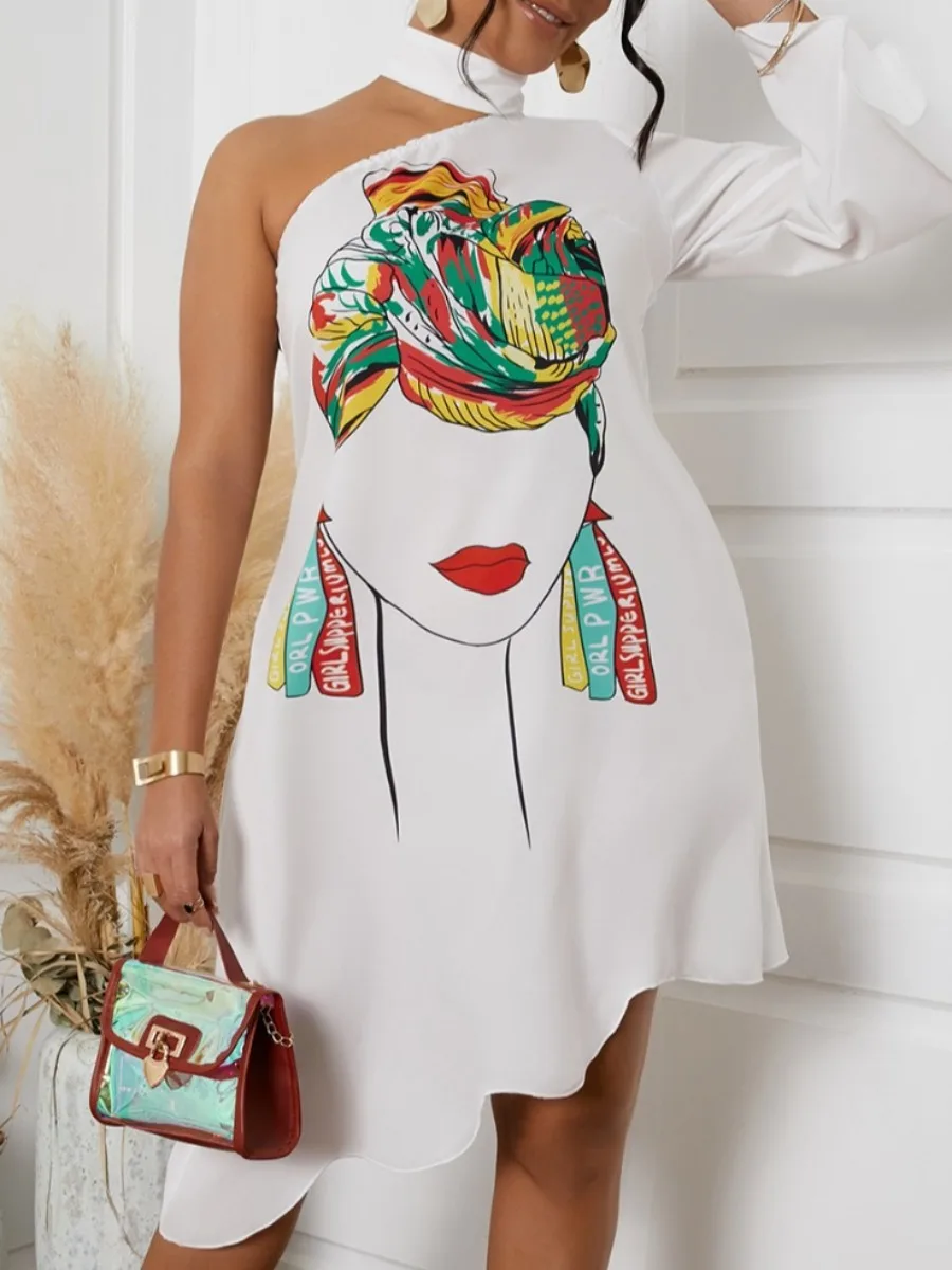 

LW Plus Size Women Sexy One Shoulder Figure Print A Line Dress Halter Fashion Party Clubwear 1 Sleeve Female Outfit