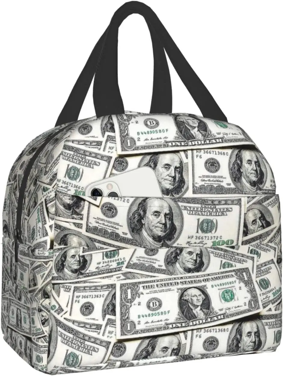 

100 Dollar Bills Lunch Bag Insulated Reusable Lunch Box Thermal Tote Bag Container Cooler Bag for Women Men Travel Picnic Work