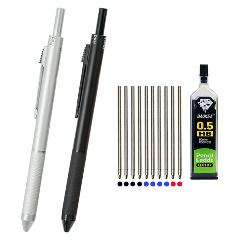 Multicolor Metal Ball Pen 0.7mm Black Blue Red Ink Pen Automaticl Pencil Lead 4 In 1 Ballpoint Pen Set Offfice School Writing