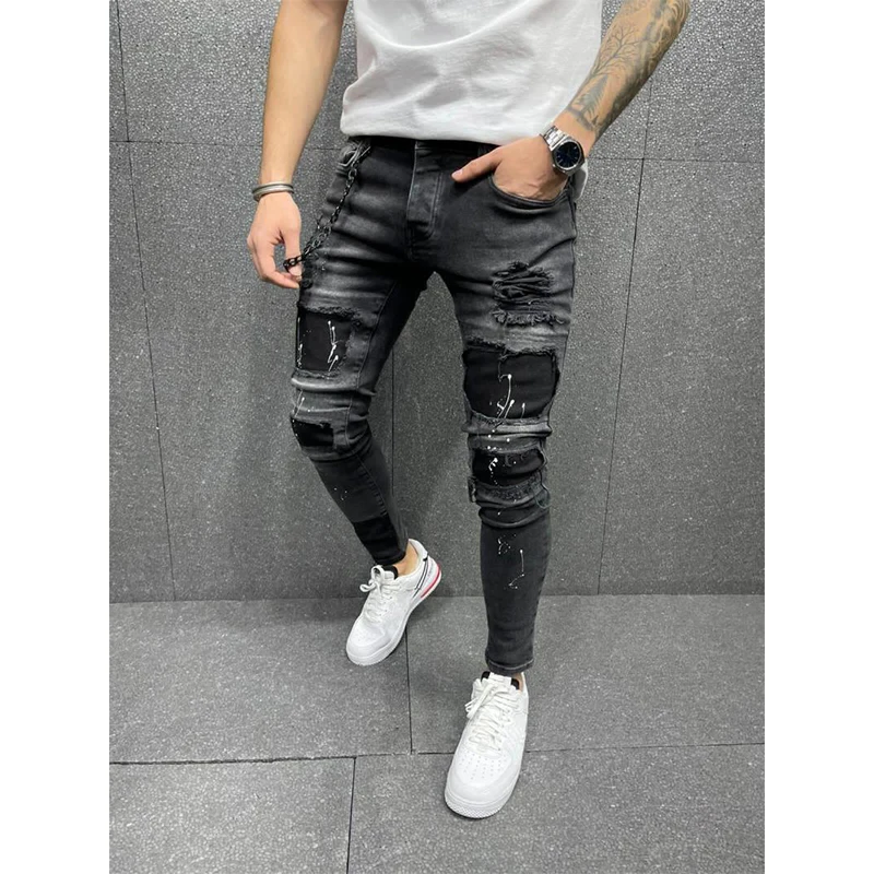 Fashion Hole Jeans for Men Middle Waist Straight Men's Jeans Mens Clothing Streetwear Washed Denim Pants Trousers Jean Male